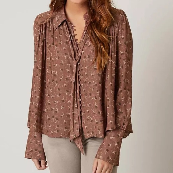 Free People Modern Blouse Brown Fall Floral Button Down Top Size XS - Picture 1 of 6